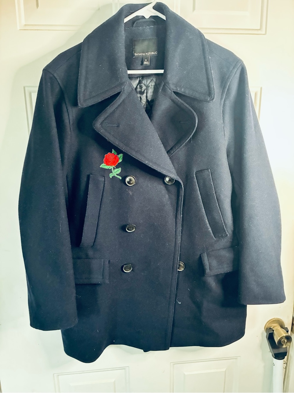 Banana Republic Navy Peacoat with Red Rose Embroidery